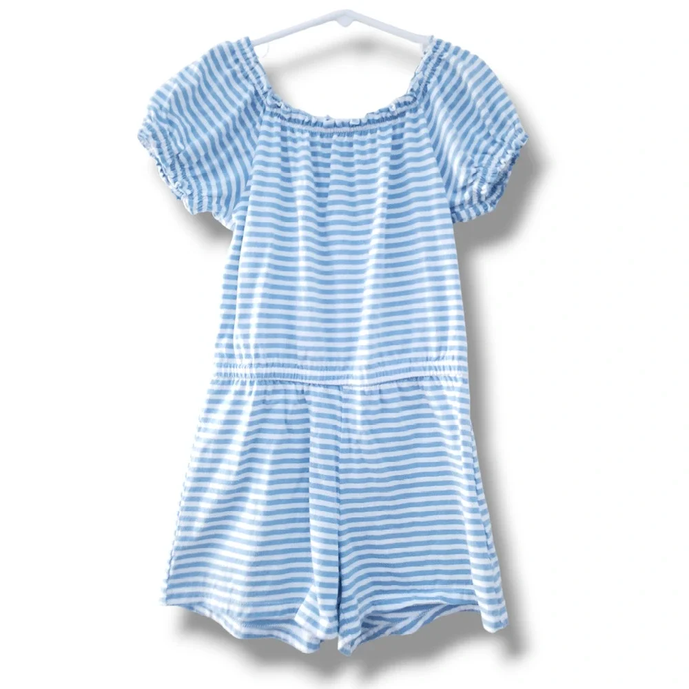 Old Navy Girls 8 Striped Cotton Puff Sleeved Shorts Romper  Blue White